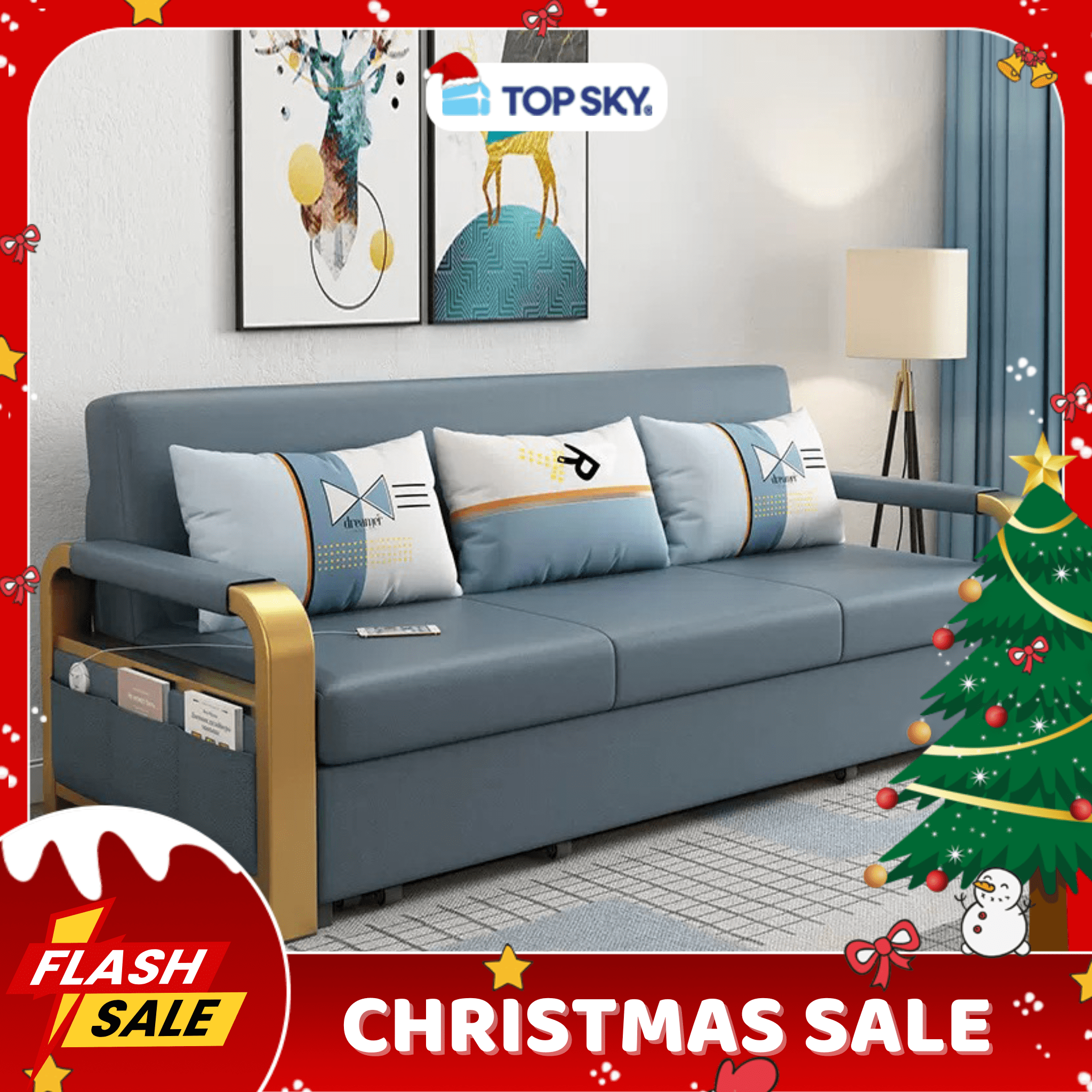 [TOP535] Giường Sofa Khung Vàng Vải Lanh Gấp Gọn Thông Minh TopSky